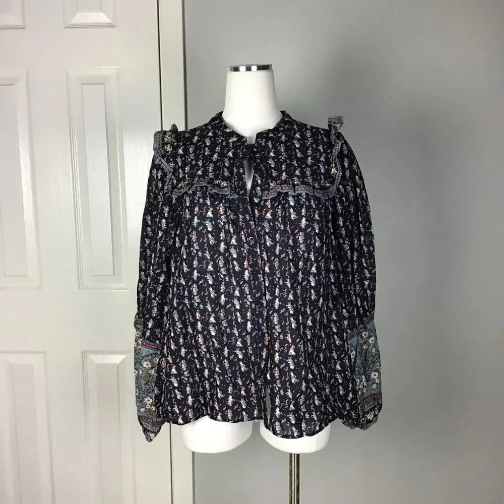 💛Joie Prairie Floral Puff Sleeve Ruffle Blouse Peasant Boho Women's Size Large